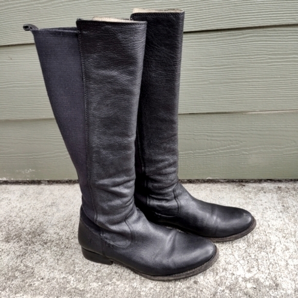 Frye Molly Gore Black Leather Riding Tall Boots Stretch Panel Women's Size 7.5 B - Picture 1 of 12